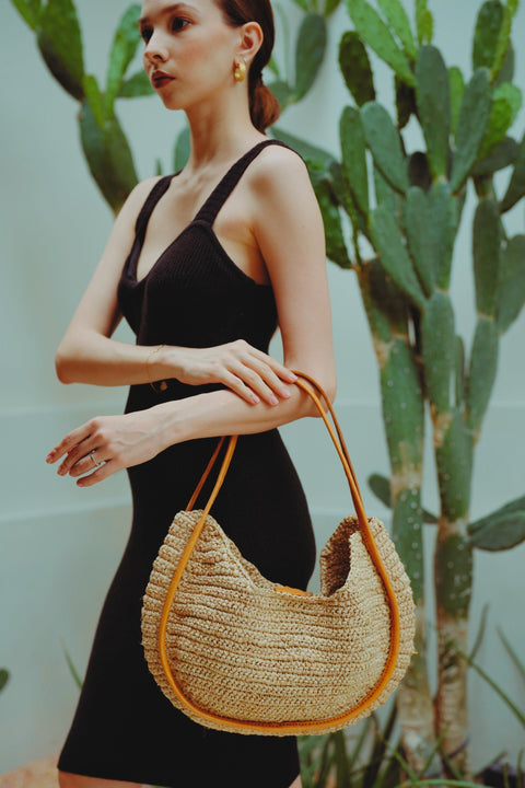 Beach Handwoven Raffia Open Top Tote with Leather Trim