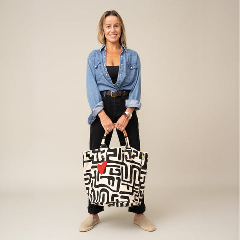 Geometric Heart Hand Screen Printed Bucket Bag with Drawstring