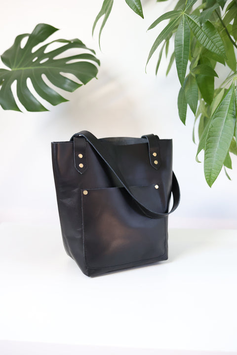 Solid Open Top Tote with Exterior Pockets