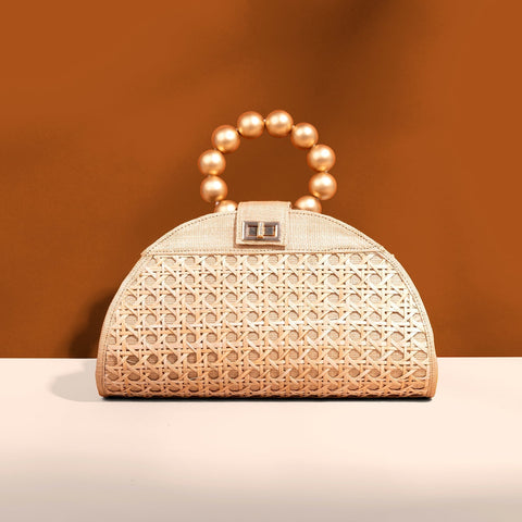 Vacation Geometric Beaded Rattan Clutch with Turn Lock
