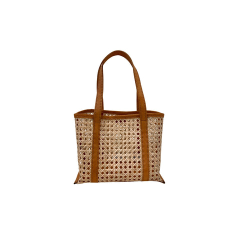Casual Geometric Handmade Rattan Tote with Leather Trim