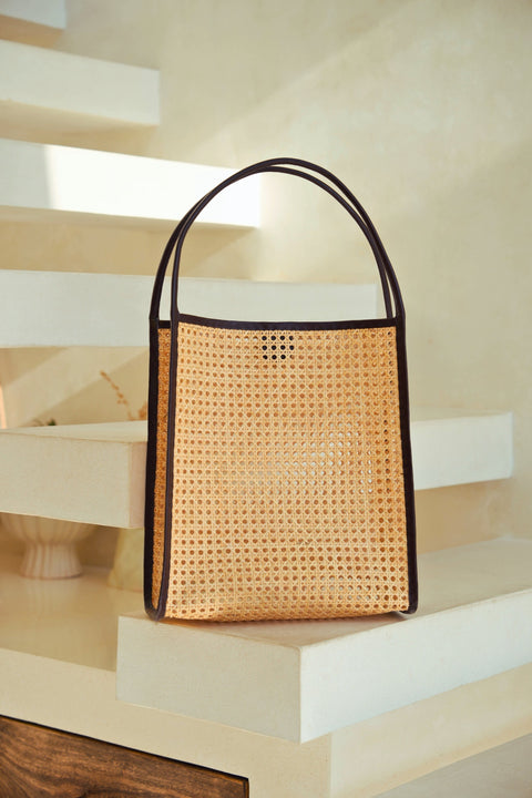 Casual Geometric Handmade Rattan Tote with Leather Trim