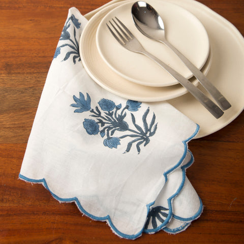 Powered by People Azure Handblocked Floral Scallop Trim Napkin for Tabletop Essentials - Set of 4