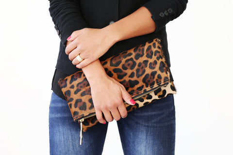 Evening Leopard Animal Clutch with Zip Top