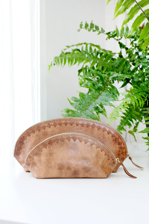 Floral Embossed Handmade Leather Pouch with Zipper Closure