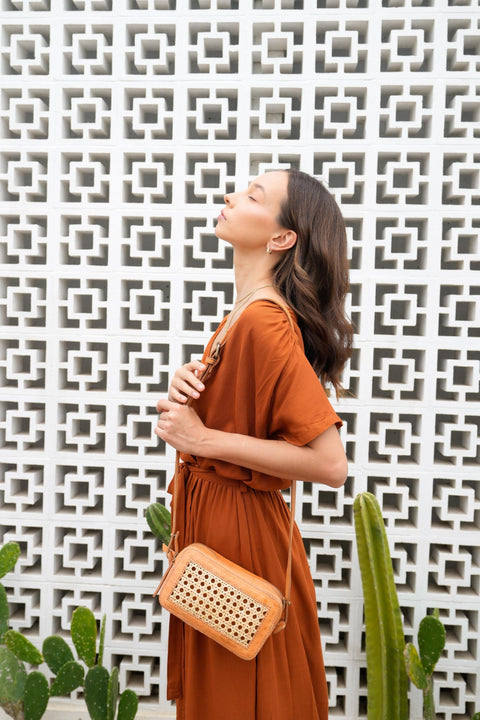 Geometric Leather Trim Crossbody with Adjustable Straps