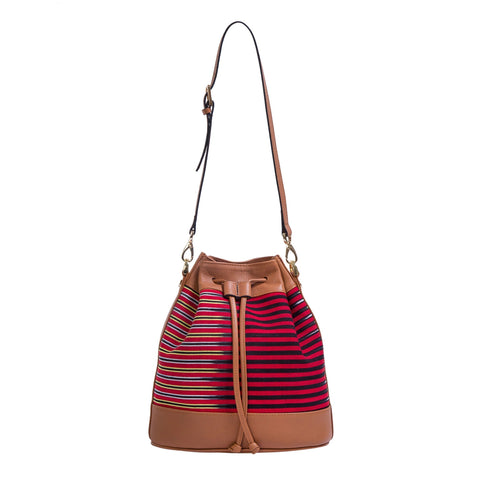 Casual Embossed Stripe Bucket Bag with Drawstring Closure