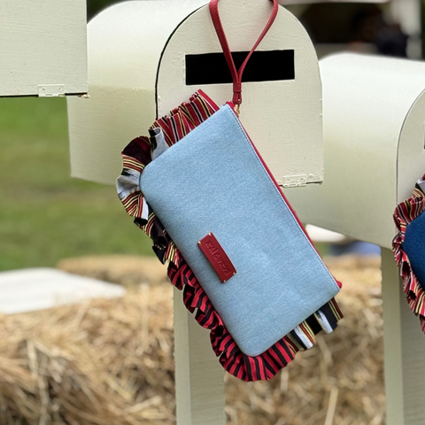 Ruffled Stripe Denim Clutch with Zip Top