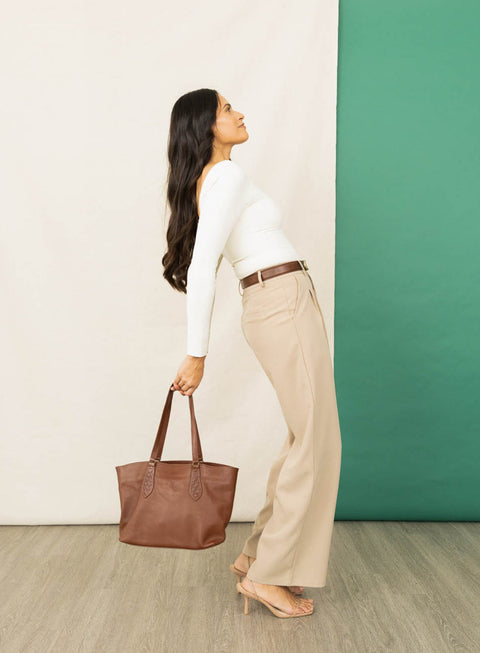 Braided Leather Tote with Magnetic Closure and Interior Pocket