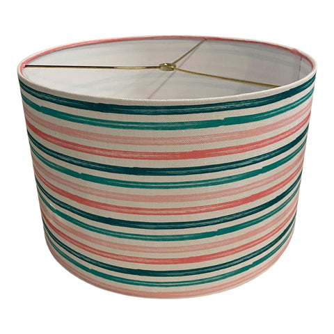 Drum Hardback Shade Made With Spoonflower Belgian Linen - Summer Stripes - Starfish Coordinate Stripes - Teal and Pink - LAD19 Fabric Bylittlearrowdesign