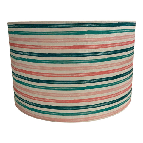 Drum Hardback Shade Made With Spoonflower Belgian Linen - Summer Stripes - Starfish Coordinate Stripes - Teal and Pink - LAD19 Fabric Bylittlearrowdesign