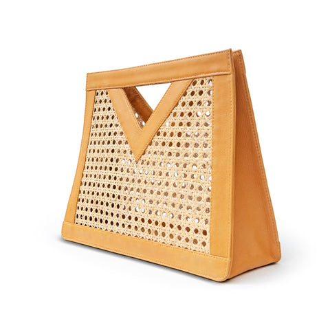 Vacation Handmade Geometric Rattan Clutch with Leather Trim