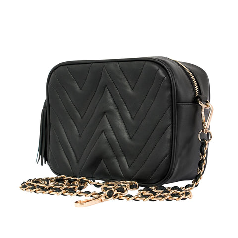 Chevron Quilted Crossbody with Tassels and Zipper Closure