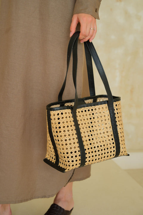 Casual Geometric Handmade Rattan Tote with Leather Trim