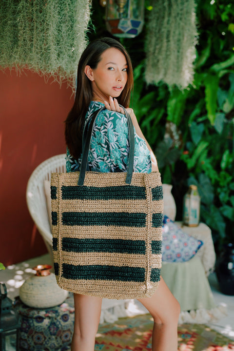 Beach Handwoven Stripe Tote with Shoulder Straps