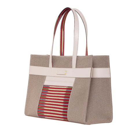 Casual Stripe Tote with Leather Trim and Logo Graphic