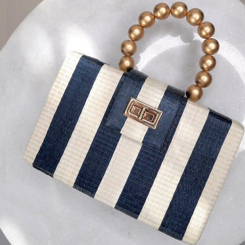 Handmade Beaded Stripe Raffia Clutch with Turn Lock Closure