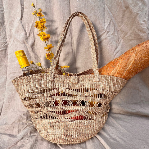Beach Geometric Braided Basket Bag with Pocket and Top Handle