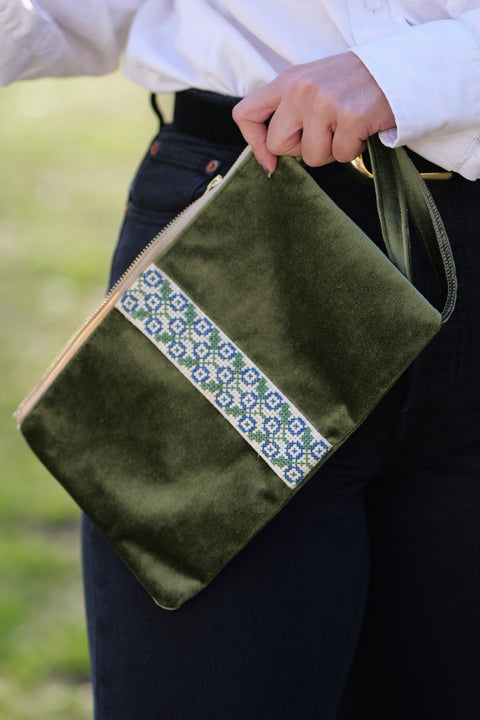 Geometric Embroidered Velvet Handmade Clutch