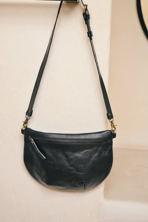 Casual Solid Black Leather Sling Bag with Adjustable Straps