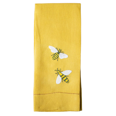Handwoven Bee Embroidery Linen Print Tea Towel