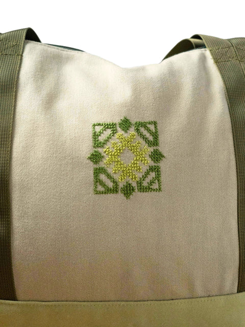 Travel Geometric Embroidery Tote with Zipper Closure