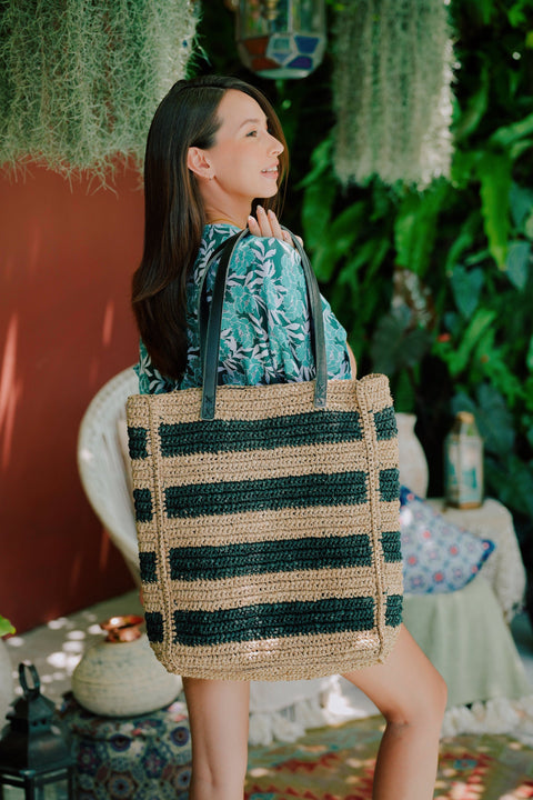 Beach Handwoven Stripe Tote with Shoulder Straps