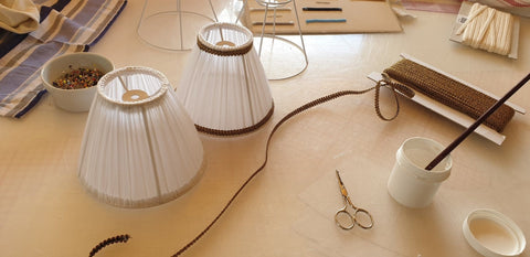 French Made Shirred Shade -Silk pongé Champagne, creme -5.75" base