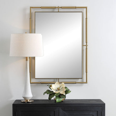 Contemporary Accent Mirror with Brass Frame for Entryway Wall