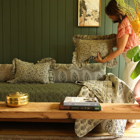 Filling Spaces Artful Traditionalist Handcrafted Lumbar Pillow with Hand Block Print - 18 x 18 - 20 x 20 - 22 x 22 - 24 x 24 - 26X 26 - 14 x 20 - 14 x 40 - 18 x 40 - 16 x 50