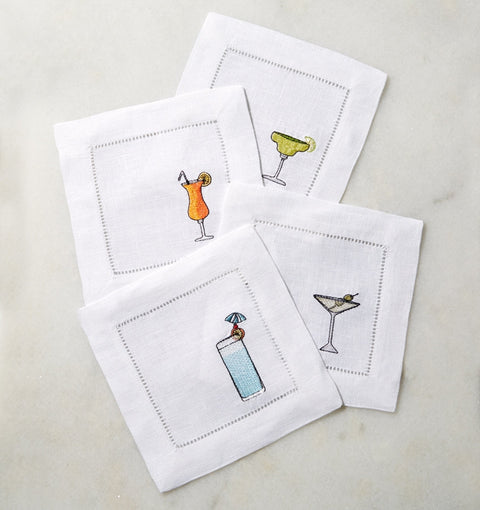 Sferra Contemporary Embroidery Cocktail Napkin with Hemstitch - Set of 4