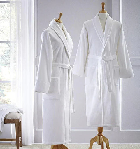 Shawl Collar Solid White Bathrobe with Belt and Pockets
