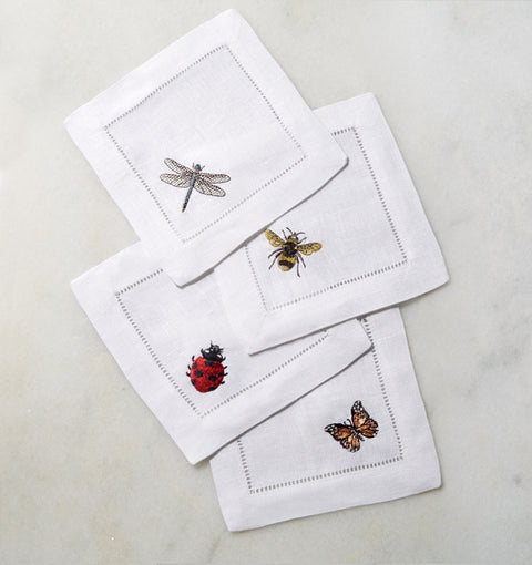 Sferra Insetti Tabletop Essentials Contemporary Embroidered Cocktail Napkin - Set of 4