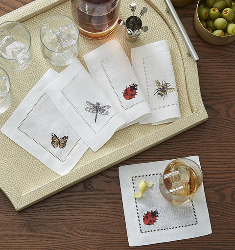 Sferra Insetti Tabletop Essentials Contemporary Embroidered Cocktail Napkin - Set of 4