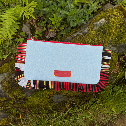 Ruffled Stripe Denim Clutch with Zip Top